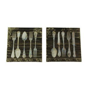 Vintage Finish Wood Look Antique Silverware Canvas Wall Prints 2 Piece Set